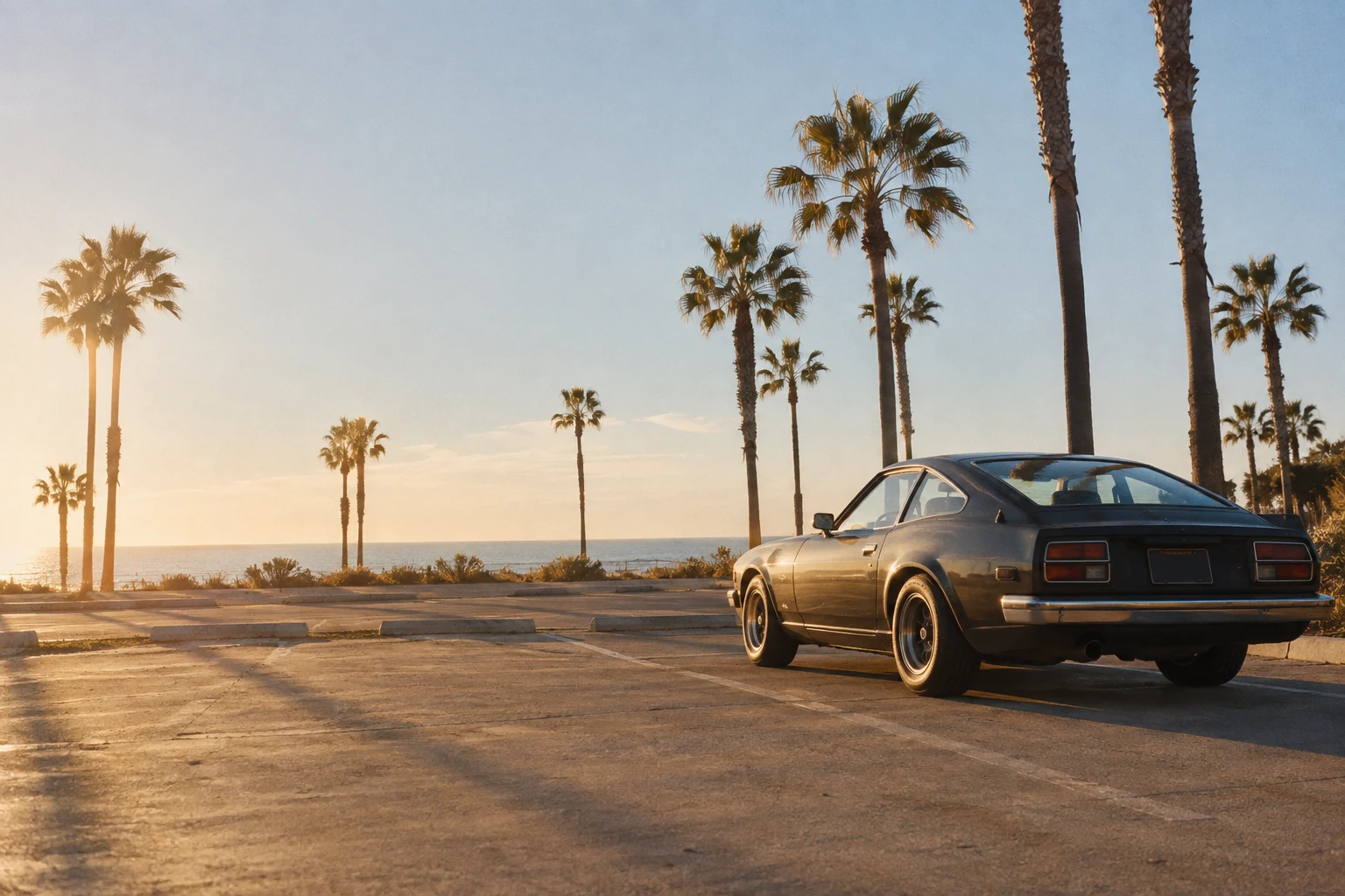 AI campaign concept: a charcoal vintage coupe and palms beside a sunlit Southern California-inspired coast