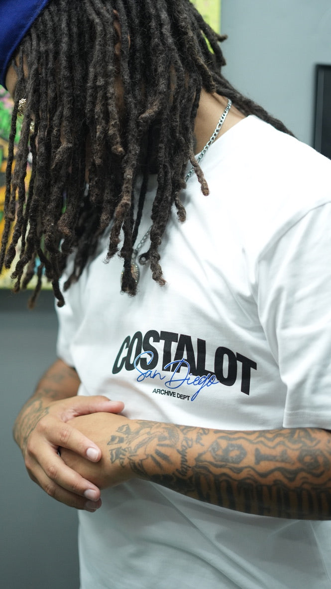Original Costalot photograph of the white San Diego Tee with black and blue chest graphic